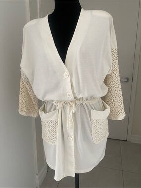 Bikini Village Cream Crochet-Sleeve Cover-up Cardigan D/String Waist Size Medium